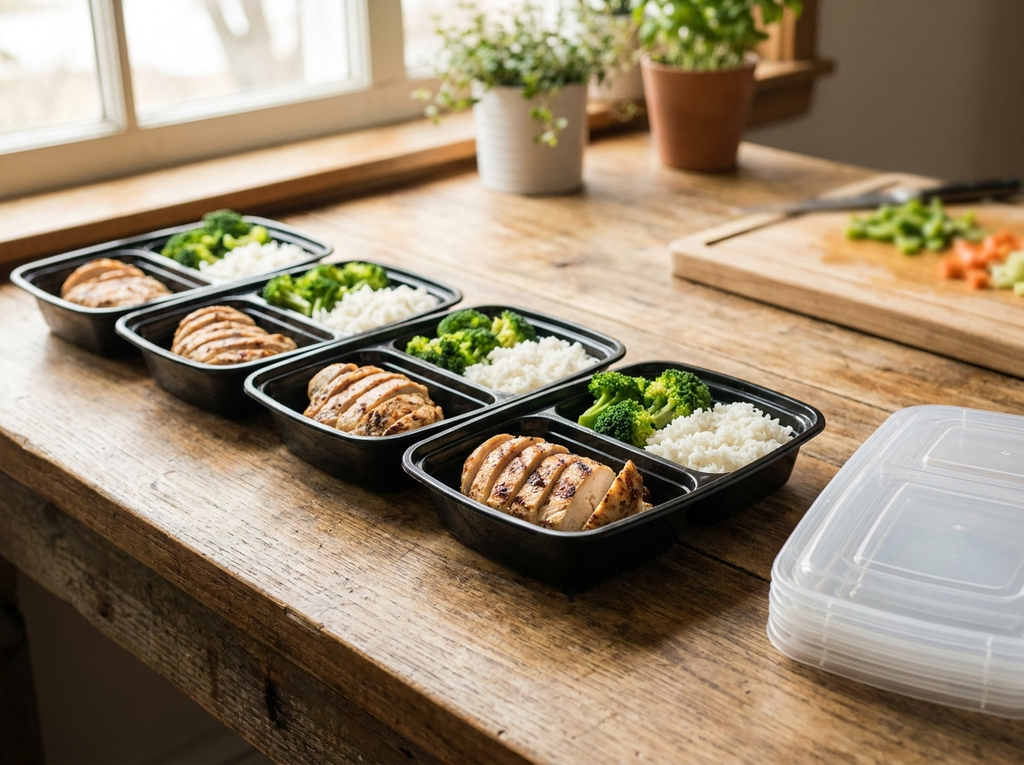 Contenedor 2 divisiones - meal prep en cocina con tapas apiladas