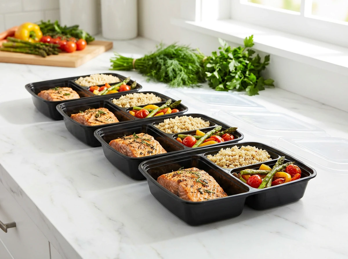 Contenedor 3 divisiones - meal prep en cocina con tapas apiladas
