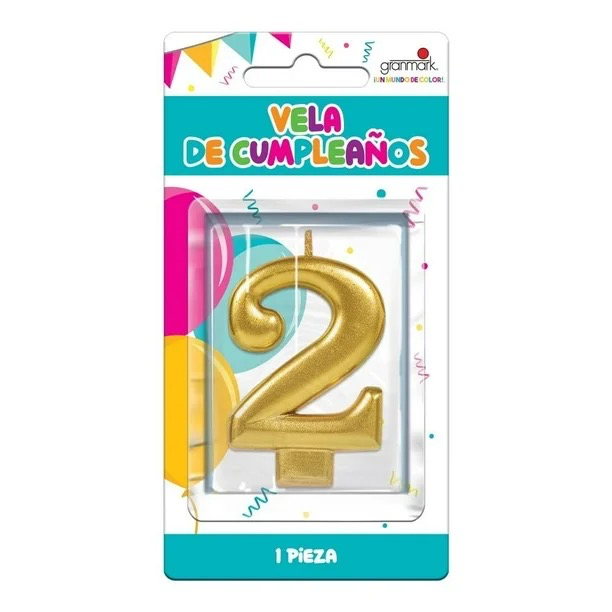 [VEL-0008] VELA DE NÚMERO 2 ORO METÁLICO AMSCAN
