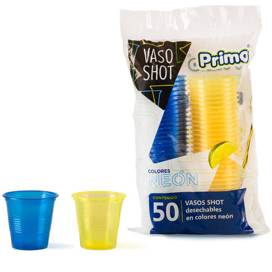 VASO SHOT PET 2oz NEON AZUL/AMARILLO PRIMO C/50u