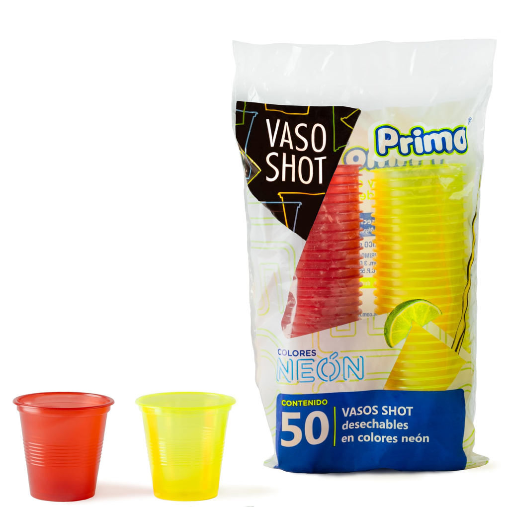 VASO SHOT PET 2oz NEON ROJO/AMARILLO PRIMO C/50u