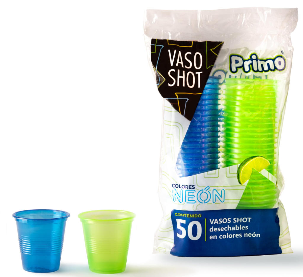 VASO SHOT PET 2oz NEON AZUL/VERDE PRIMO C/50u