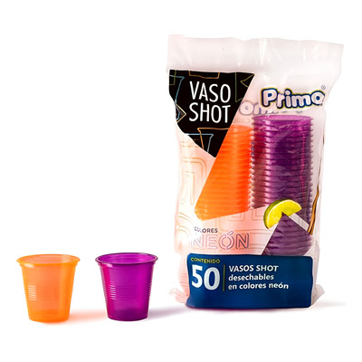 VASO SHOT PET 2oz NEON NARANJA/MORADO PRIMO C/50u