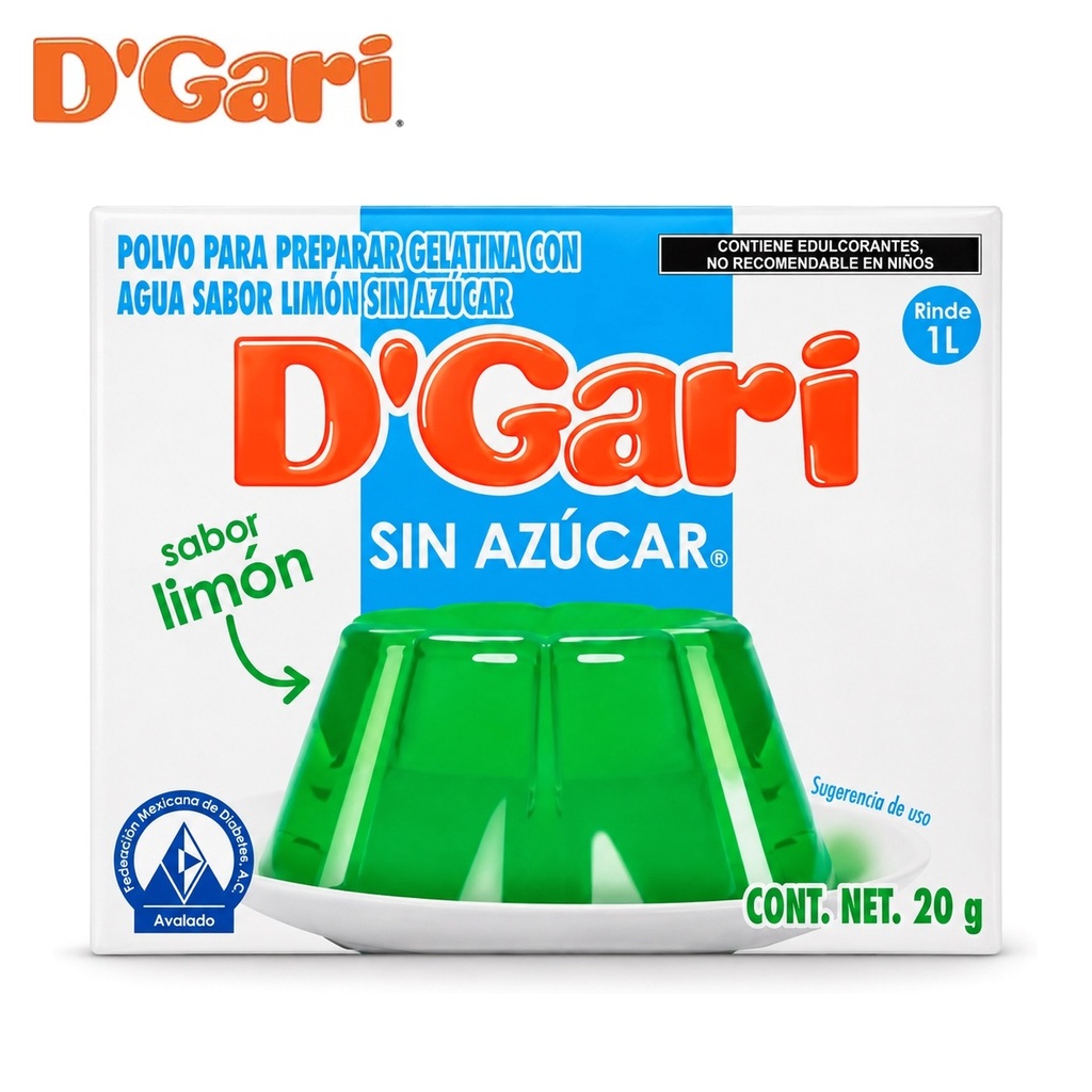 Polvo para Preparar Gelatina D´gari sin Azúcar Sabor Limón de Agua 20gr