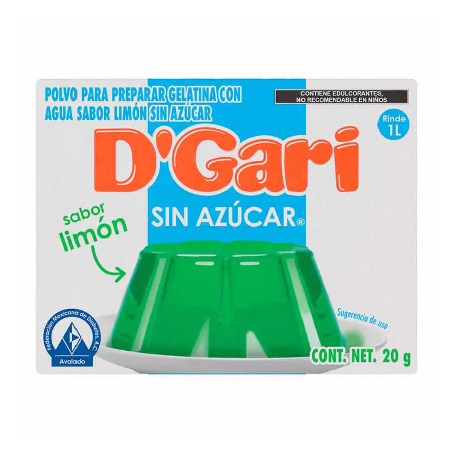 POLVO PARA PREPARAR GELATINA D´GARI SIN AZÚCAR SABOR LIMÓN DE AGUA 20gr
