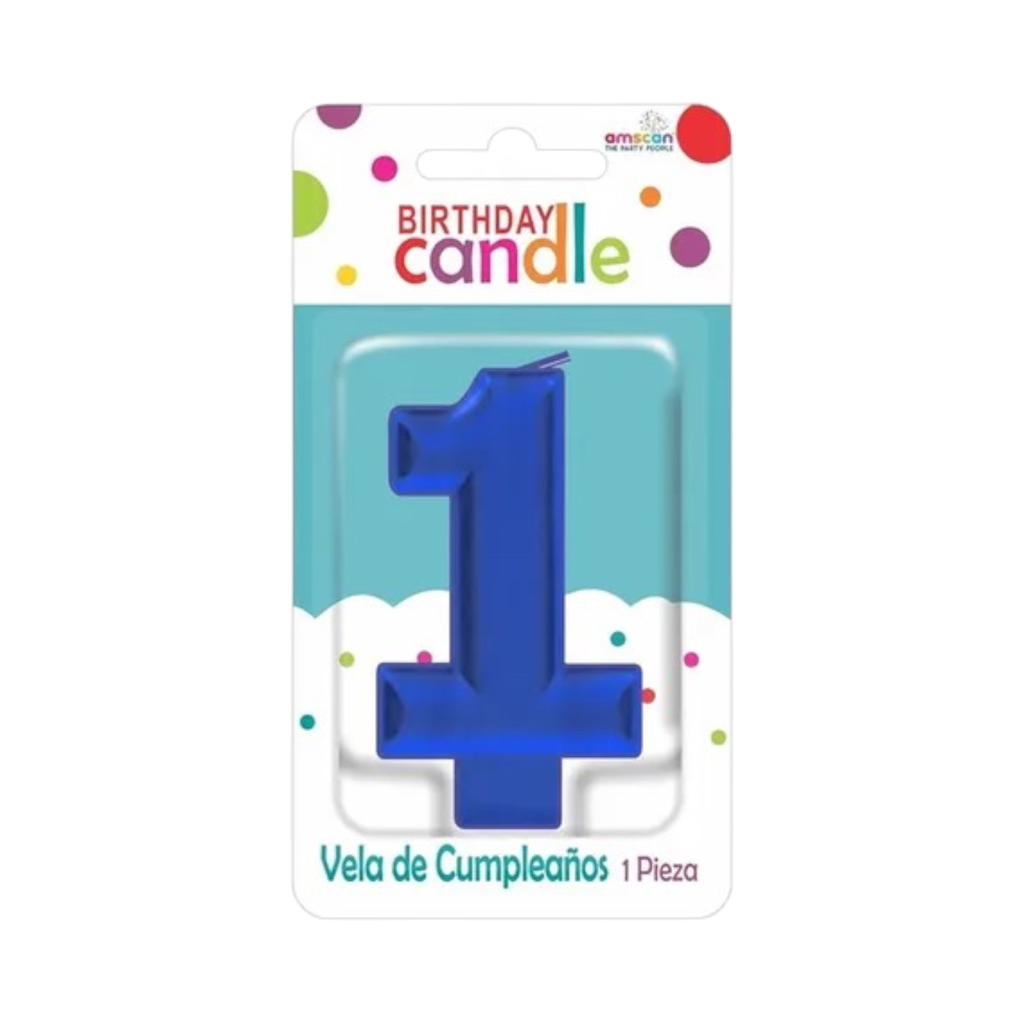 VELA DE NÚMERO 1 AZUL METÁLICO AMSCAN