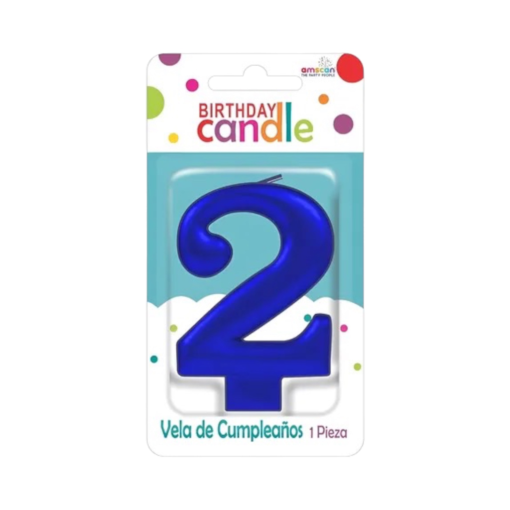 VELA DE NÚMERO 2 AZUL METÁLICO AMSCAN