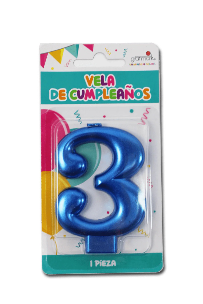 VELA DE NÚMERO 3 AZUL METÁLICO AMSCAN