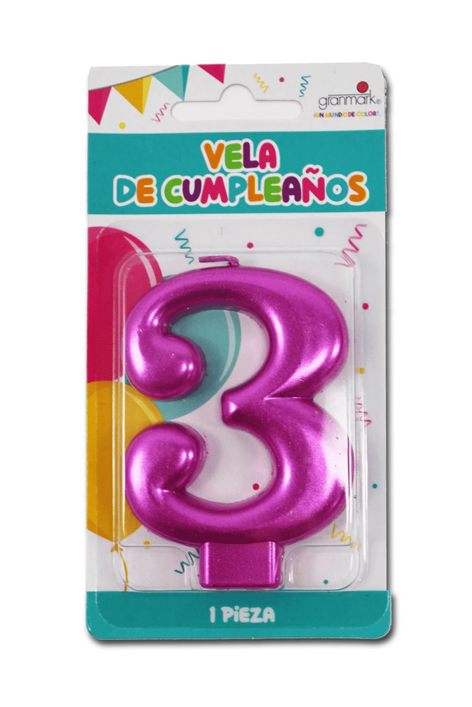 [VEL-0012] VELA DE NÚMERO 3 ROSA METÁLICO AMSCAN