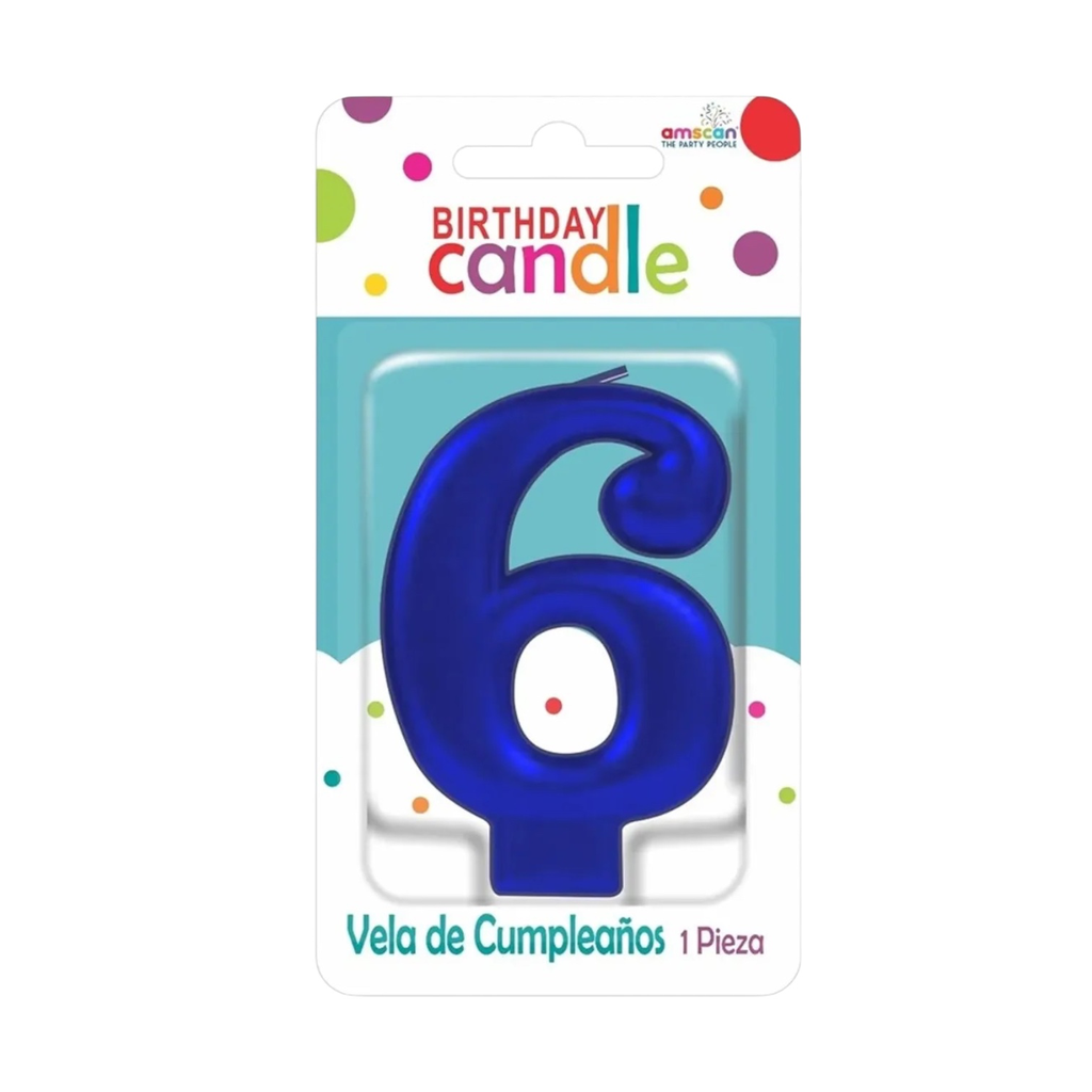 VELA DE NÚMERO 6 AZUL METÁLICO AMSCAN