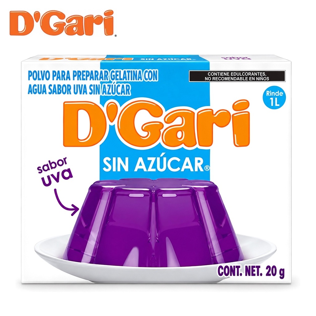 Polvo para Preparar Gelatina D´gari sin Azúcar Sabor Uva de Agua 20gr