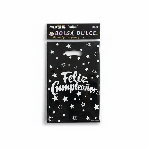 [BDFC-30014] Bolsa para Dulces Feliz Cumpleaños 12x25cm Negro Metálico C/10u