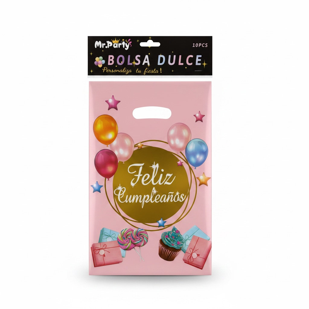 Bolsa para Dulces Feliz Cumpleaños 12x25cm Rosa C/10u