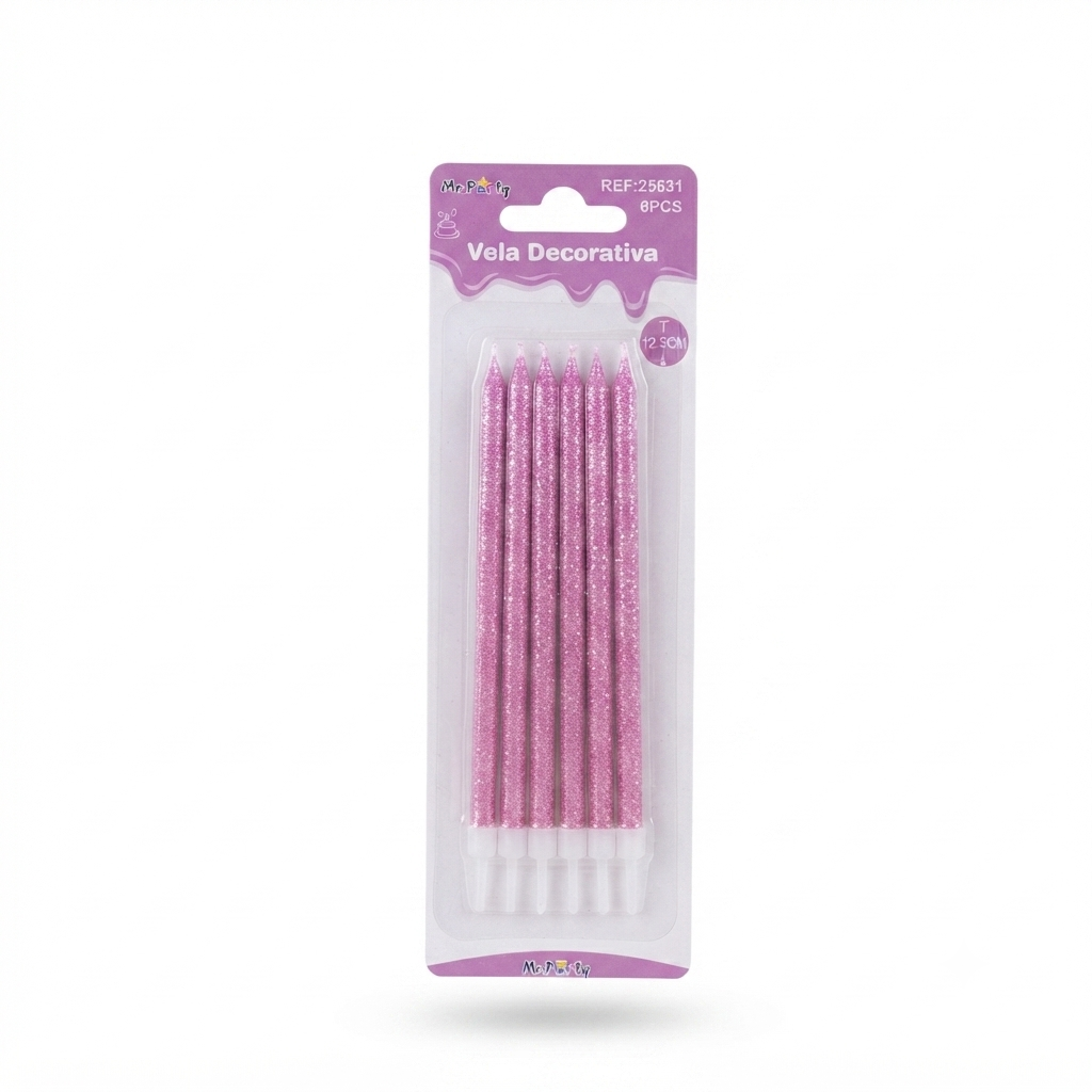 [VEL-ROS-25631] VELA CUMPLEAÑOS ROSA GLITTER C/6u