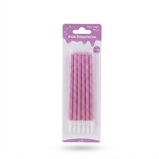 [VEL-ROS-25631] Vela Cumpleaños Rosa Glitter C/6u