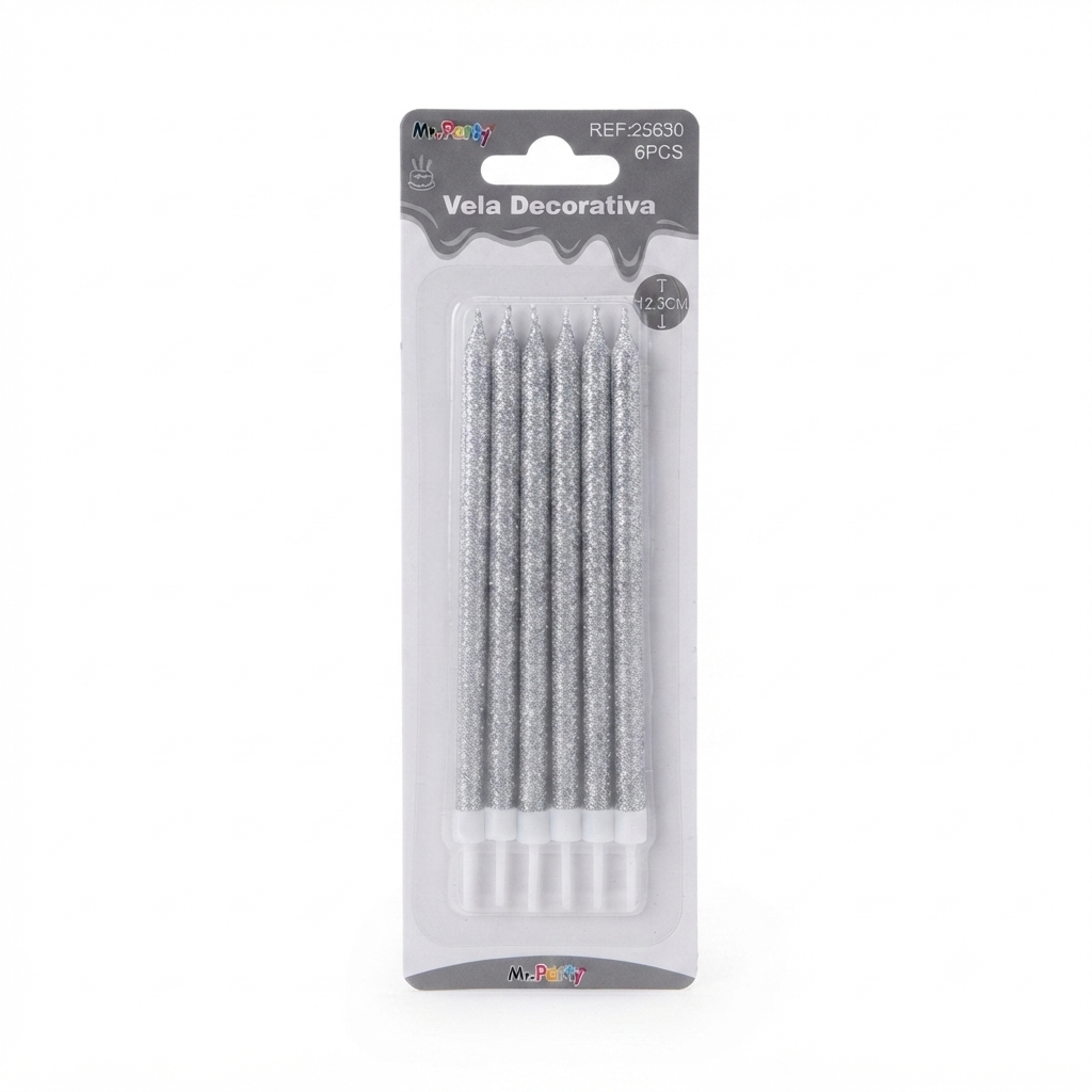 [VEL-PLAT-25630] VELA CUMPLEAÑOS PLATA GLITTER C/6u