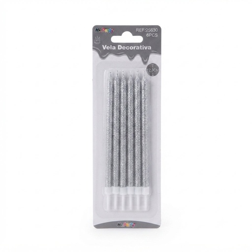 [VEL-PLAT-25630] Vela Cumpleaños Plata Glitter C/6u